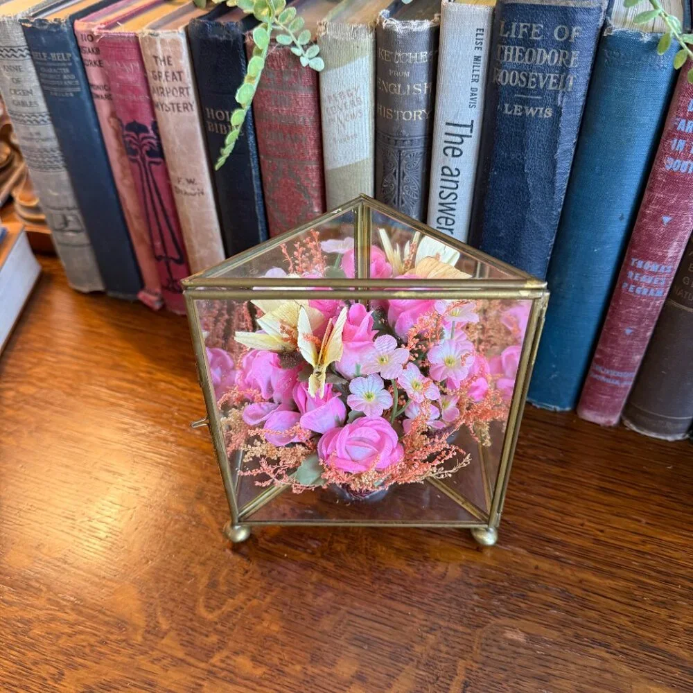 Vintage Glass/Mirrors & Brass Triangular Box with Flowers